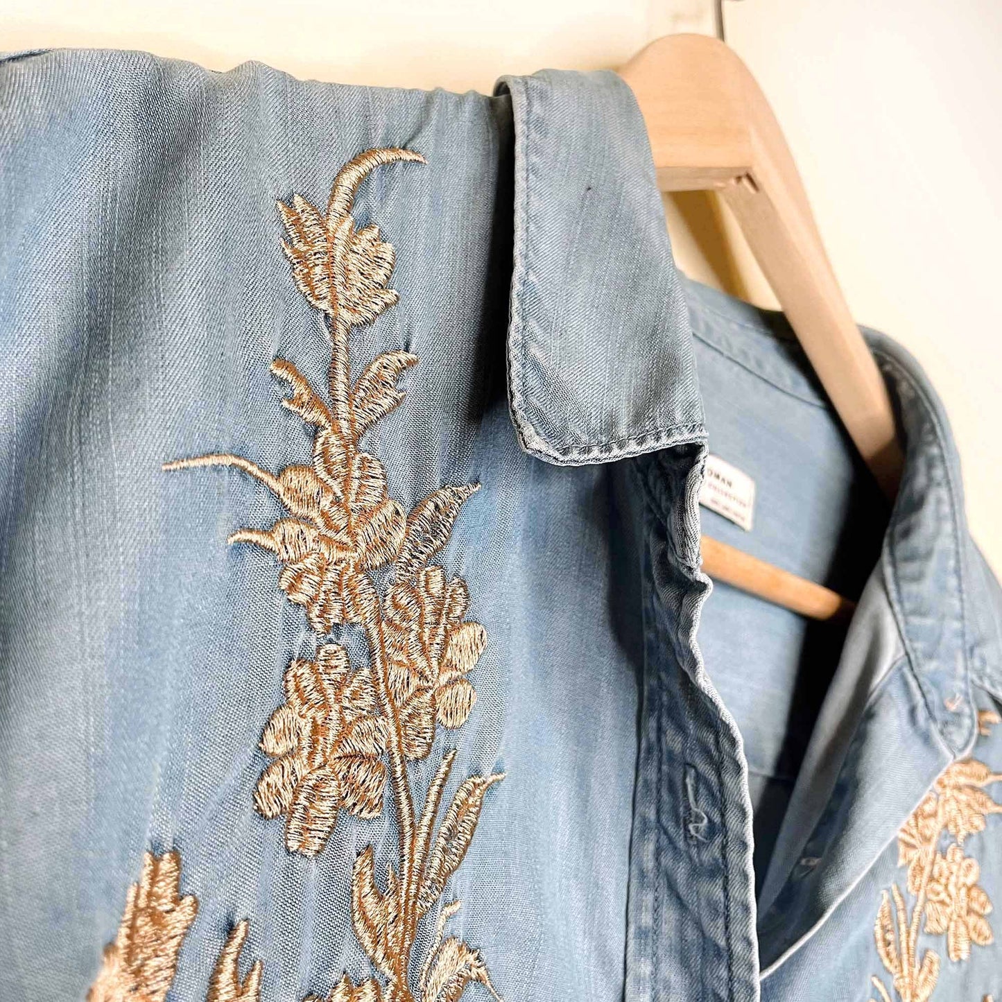 zara chambray button down with gold floral embroidery - size large