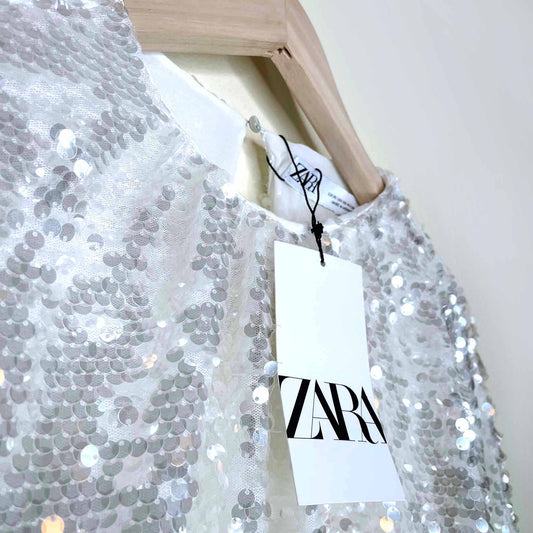 nwt zara white sequin oversized long sleeve blouse - size xs