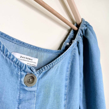 zara premium denim off shoulder button down chambray midi dress - size medium