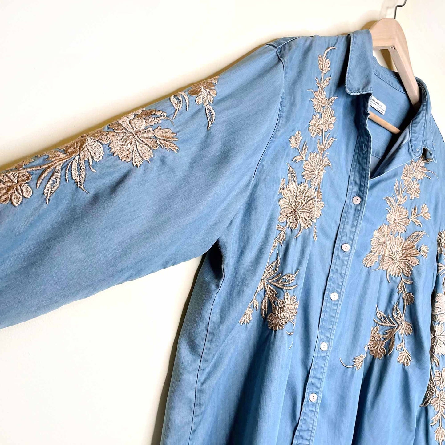 zara chambray button down with gold floral embroidery - size large