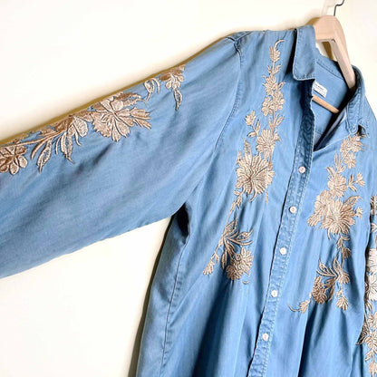 zara chambray button down with gold floral embroidery - size large