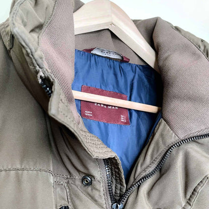 zara man brown short puffer jacket - size large
