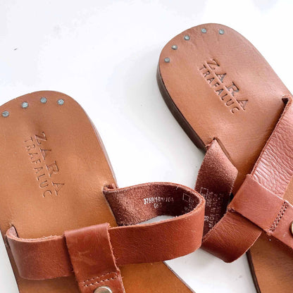 zara cognac leather studded thong sandals - size 38