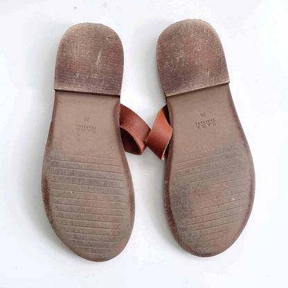 zara cognac leather studded thong sandals - size 38