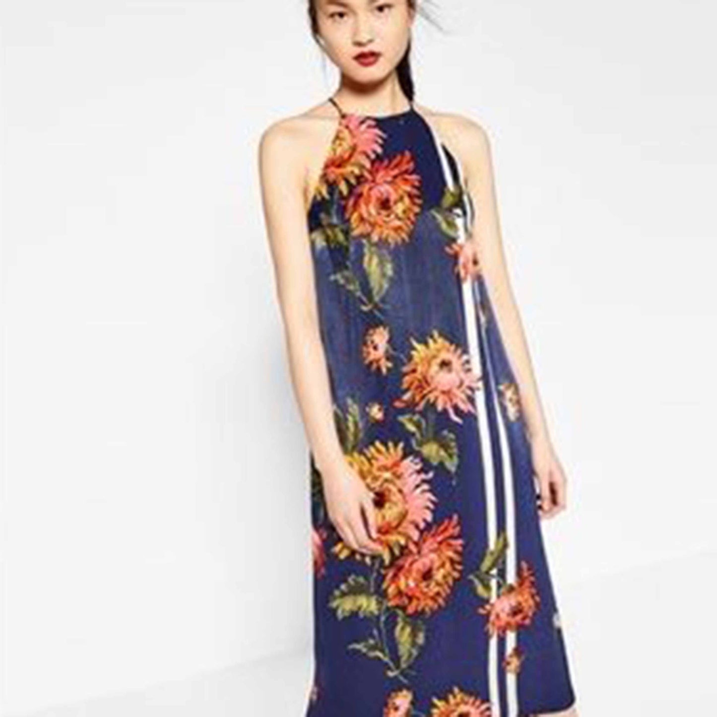 zara satiny floral stripe halter dress - size medium