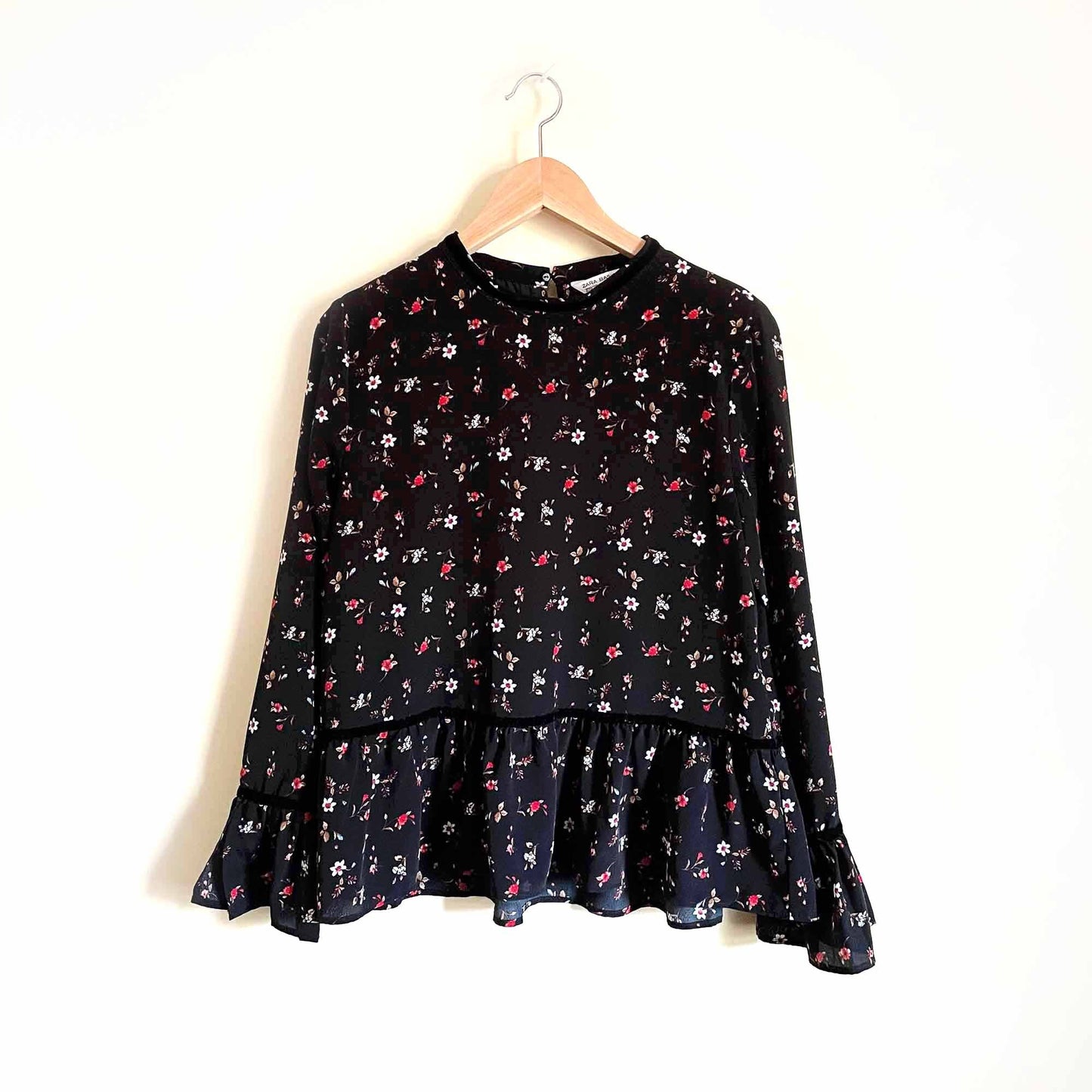 zara black floral peplum blouse with velvet trim - size medium
