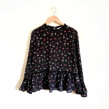 zara black floral peplum blouse with velvet trim - size medium