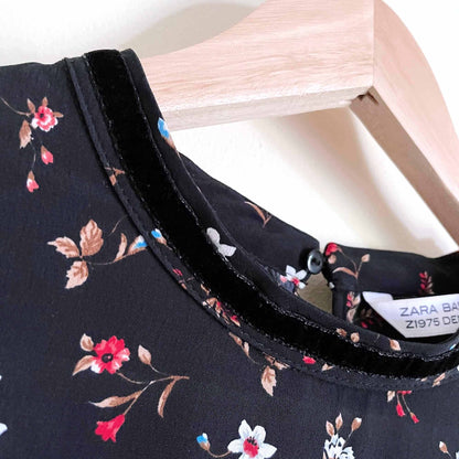 zara black floral peplum blouse with velvet trim - size medium