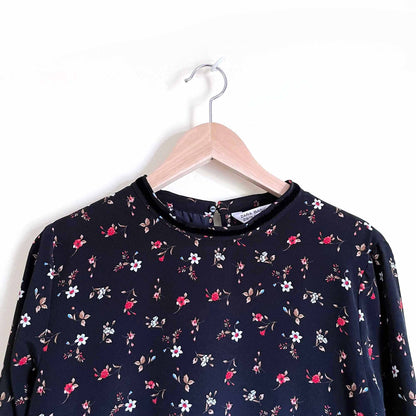 zara black floral peplum blouse with velvet trim - size medium