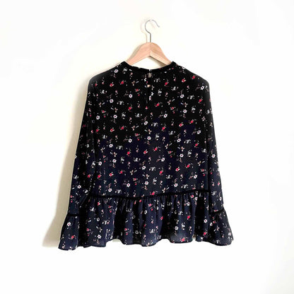 zara black floral peplum blouse with velvet trim - size medium