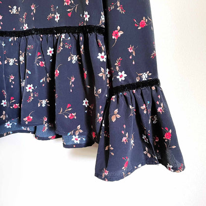 zara black floral peplum blouse with velvet trim - size medium