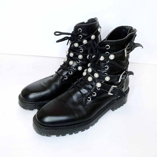 zara black leather ankle combat boots with pearls - size  38