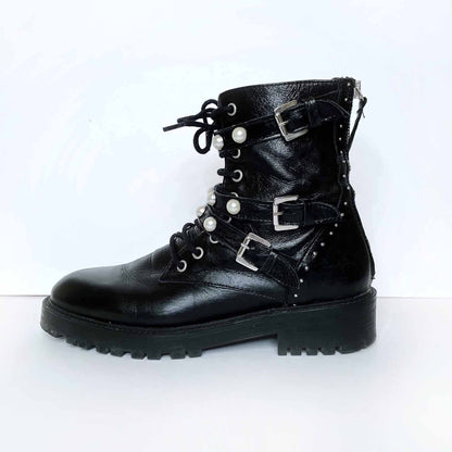 zara black leather ankle combat boots with pearls - size  38