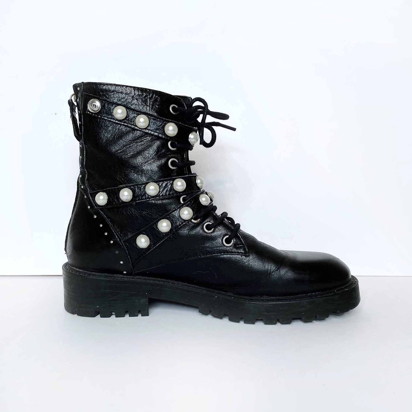 zara black leather ankle combat boots with pearls - size  38