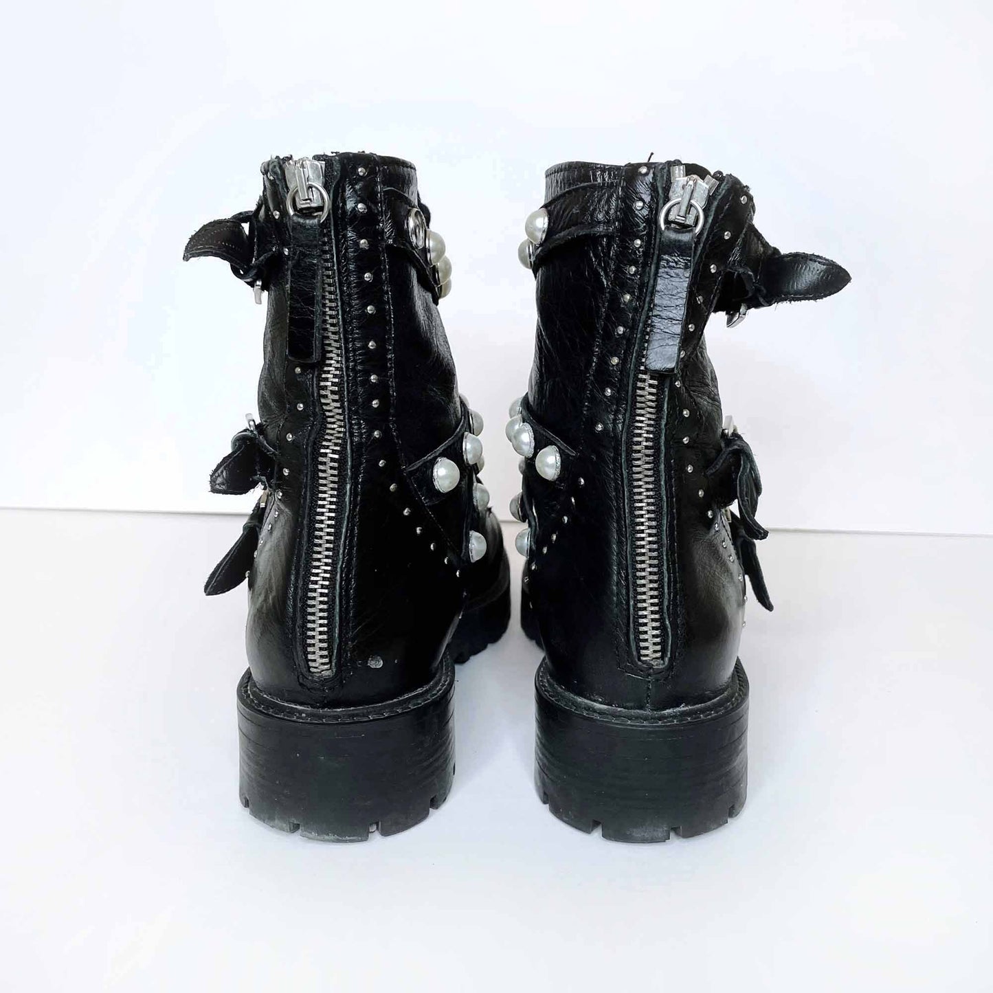 zara black leather ankle combat boots with pearls - size  38