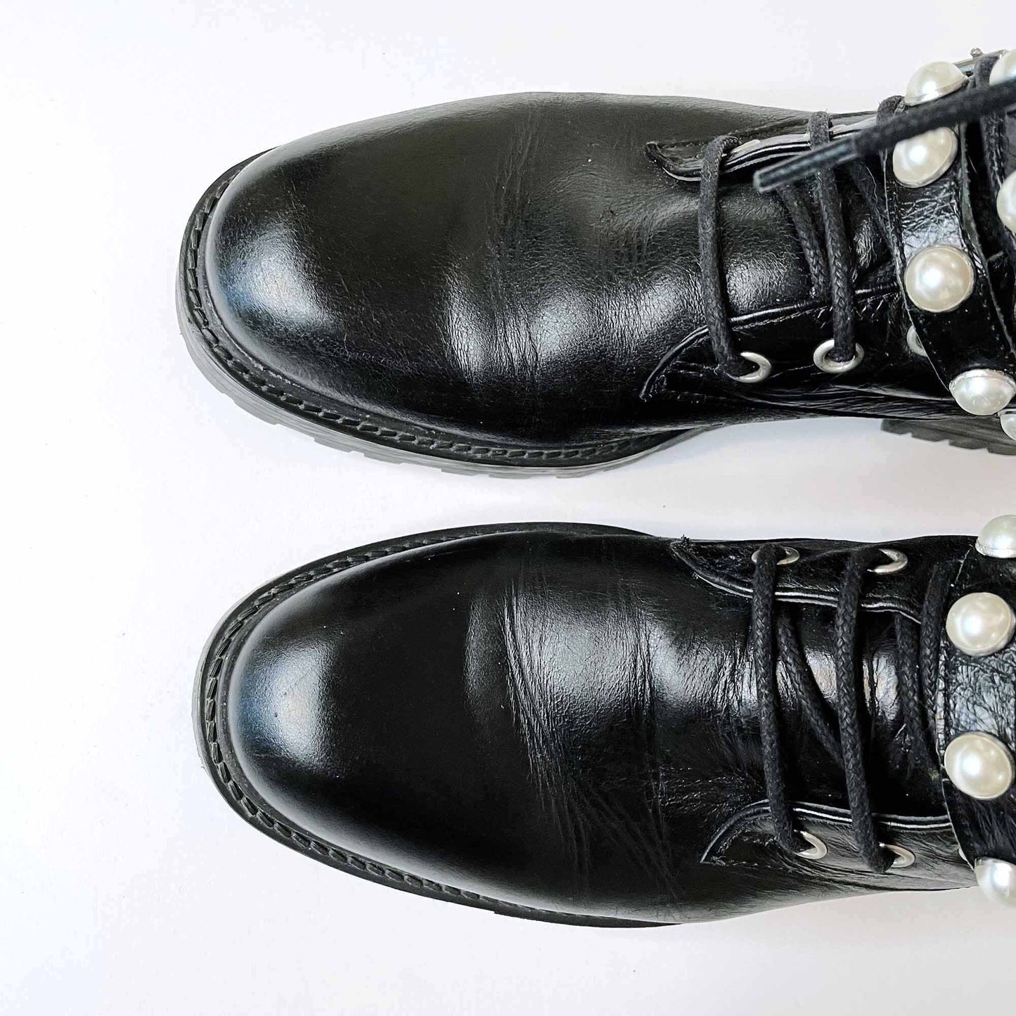 zara black leather ankle combat boots with pearls - size  38