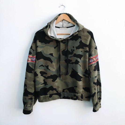 Zara Camo Hoodie with embellished sleeves - size Medium