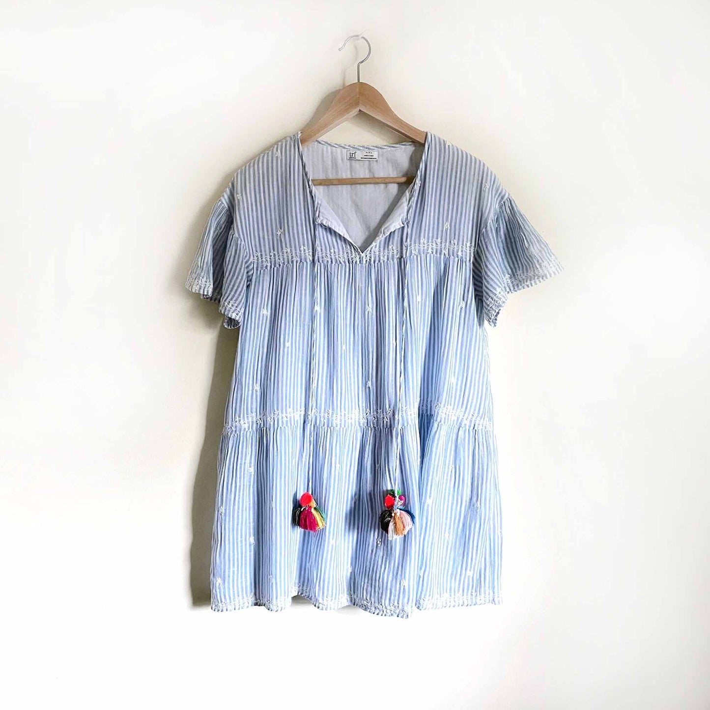 zara trf striped pom pom babydoll eyelet sundress - size medium