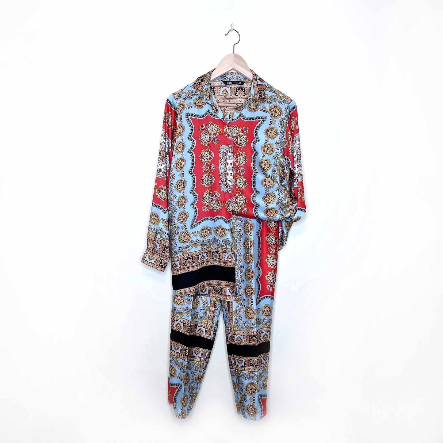 zara scarf print medallion floral satin button down and pants set - size xs