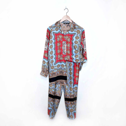 zara scarf print medallion floral satin button down and pants set - size xs