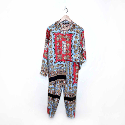 zara scarf print medallion floral satin button down and pants set - size xs