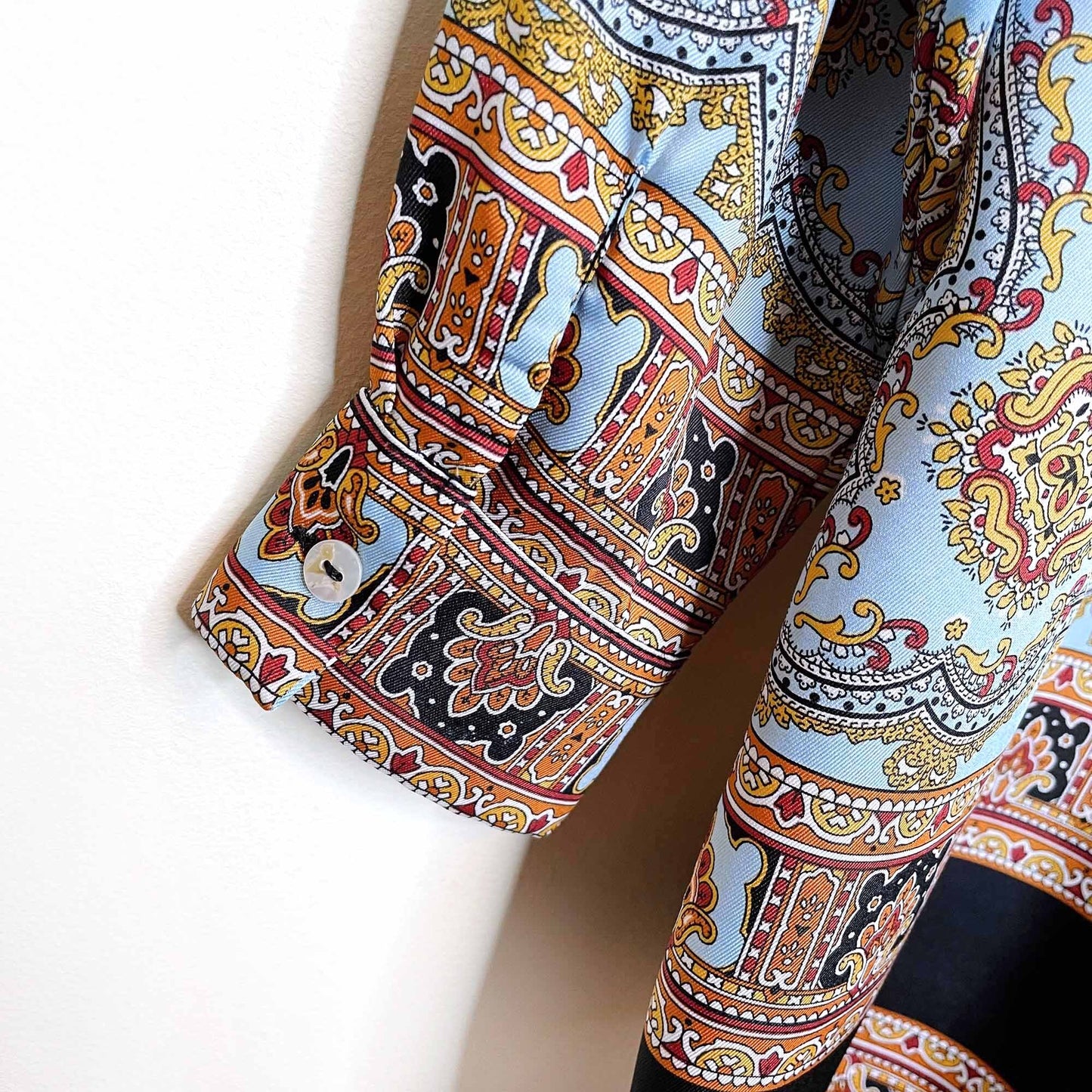 zara scarf print medallion floral satin button down and pants set - size xs